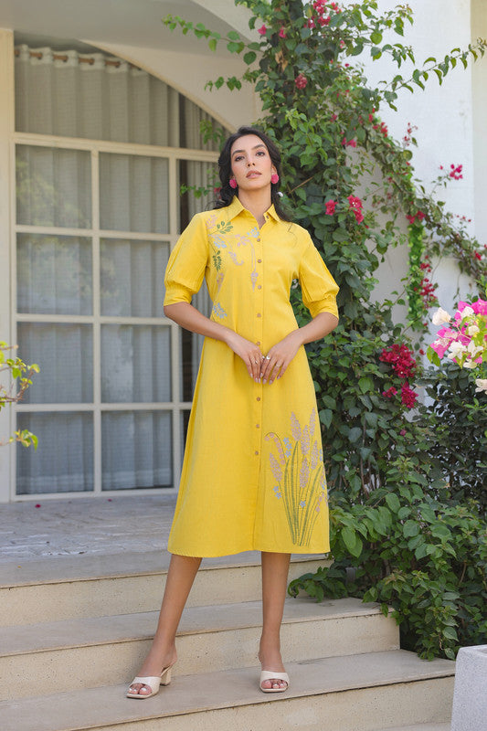 Sunlit Yellow Embroidery Shirt Cotton Flex Dress