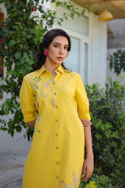 Sunlit Yellow Embroidery Shirt Cotton Flex Dress
