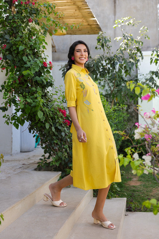 Sunlit Yellow Embroidery Shirt Cotton Flex Dress