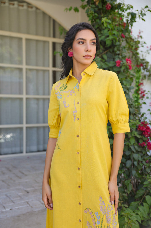 Sunlit Yellow Embroidery Shirt Cotton Flex Dress