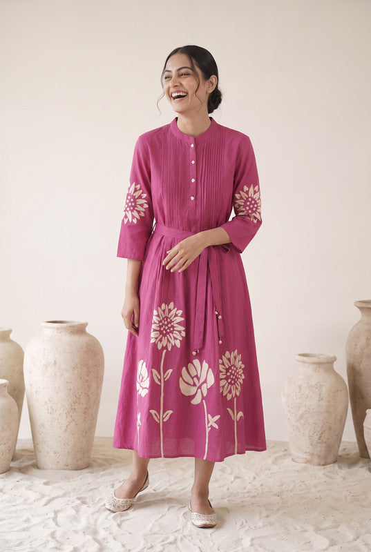 Berry Pink Cotton  Floral Embroidered Fit & Flare Dress