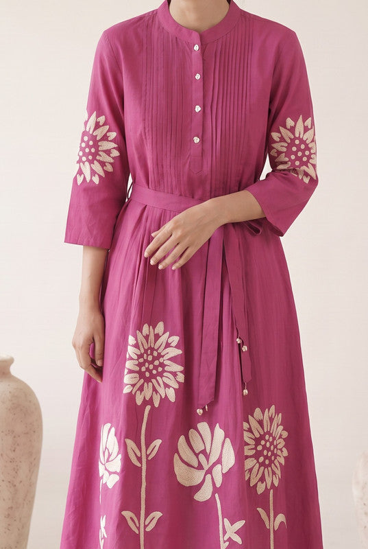 Berry Pink Cotton  Floral Embroidered Fit & Flare Dress
