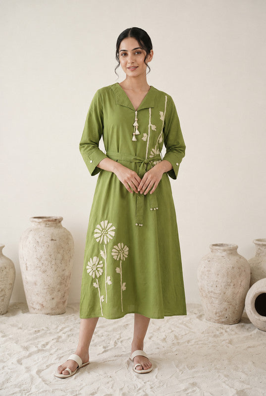 Olive Green Cotton Flex Floral Embroidered Dress