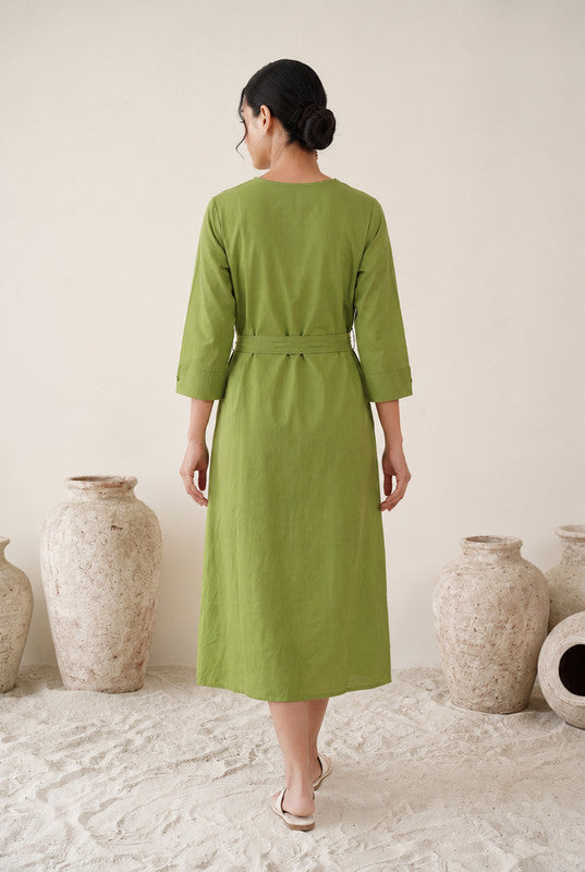 Olive Green Cotton Flex Floral Embroidered Dress