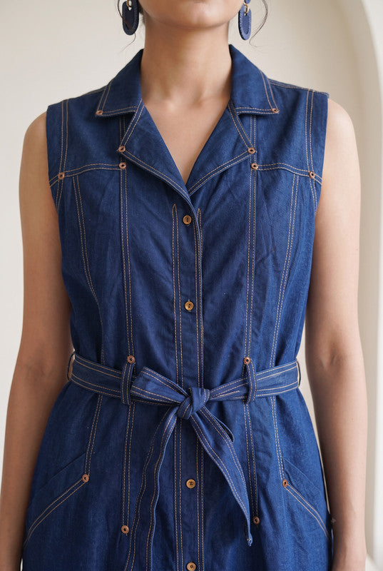 Indigo Blue Denim Cotton Flex  Dress
