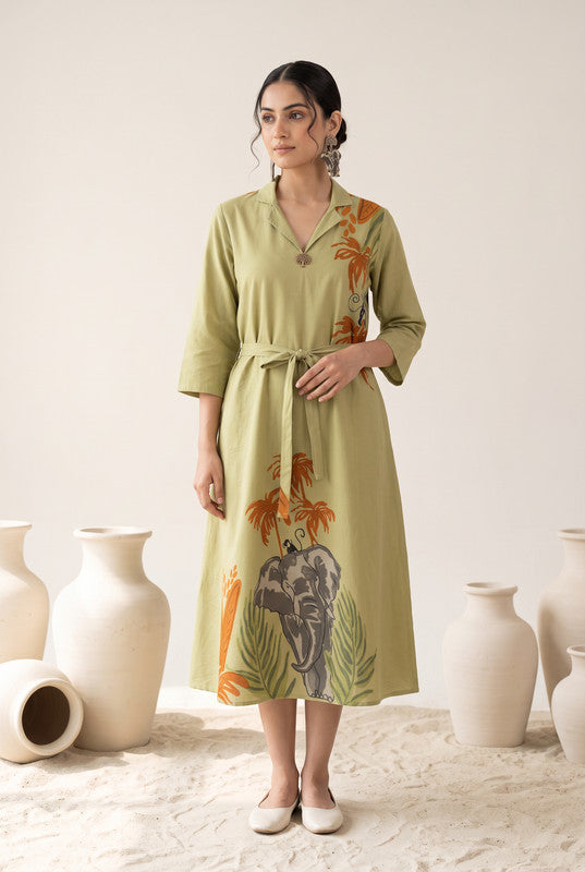 Olive Green Printed Cotton Flex Dress