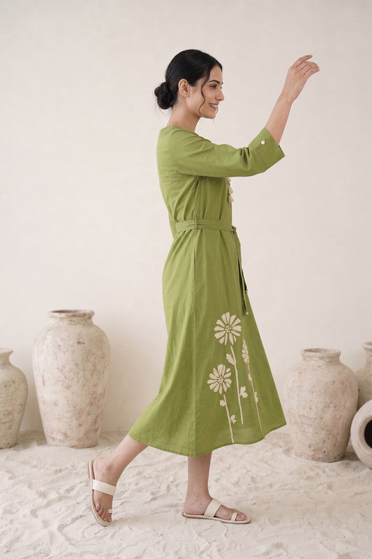 Olive Green Cotton Flex Floral Embroidered Dress