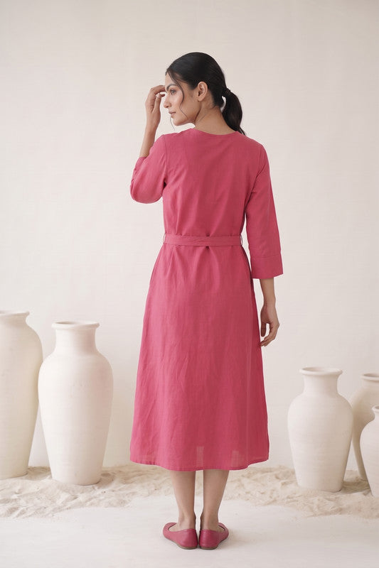Rose Pink Cotton Flex Floral Embroidered  Dress