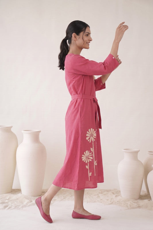 Rose Pink Cotton Flex Floral Embroidered  Dress