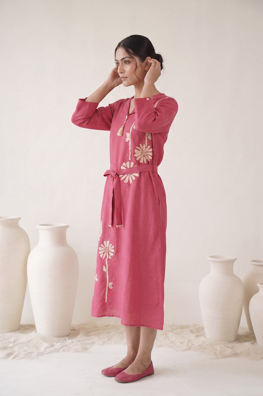 Rose Pink Cotton Flex Floral Embroidered  Dress
