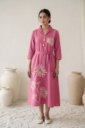 Rose Pink Cotton Flex Floral Embroidered A-Line Dress