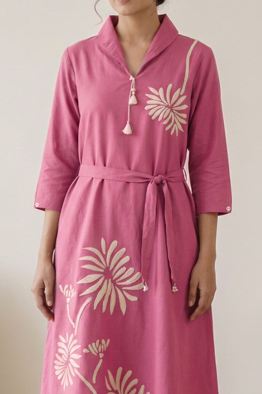 Rose Pink Cotton Flex Floral Embroidered A-Line Dress