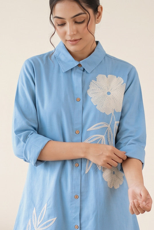 Powder Blue Cotton Flex Floral Embroidered Shirt Tunic