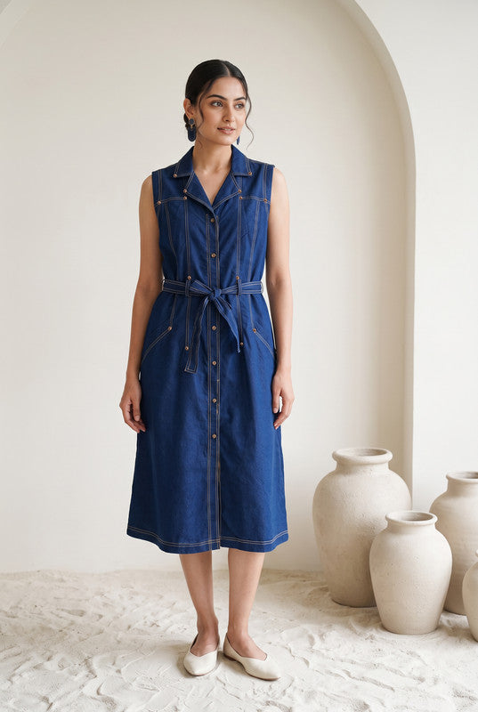 Indigo Blue Denim Cotton Flex  Dress