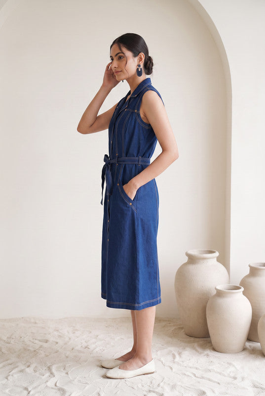 Indigo Blue Denim Cotton Flex  Dress