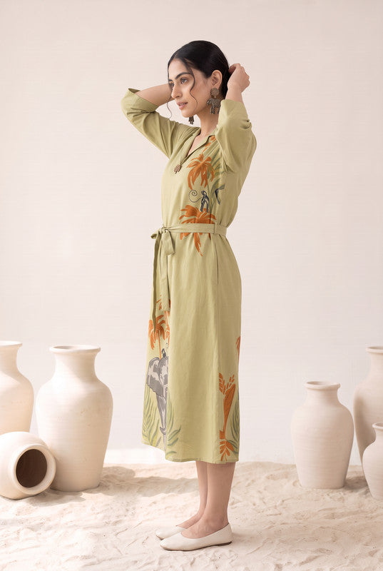 Olive Green Printed Cotton Flex Dress
