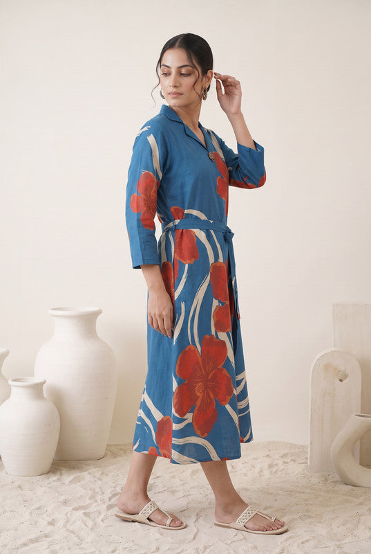 Azure Blue Floral Printed Cotton  Flex Dress