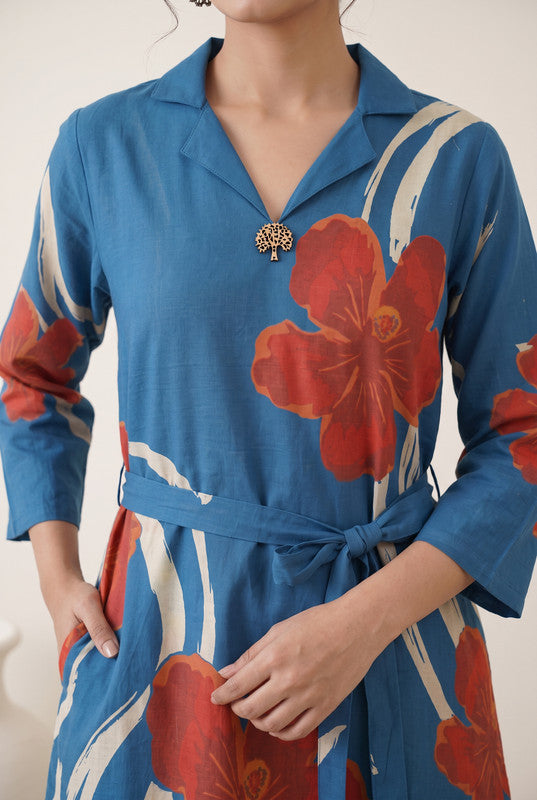 Azure Blue Floral Printed Cotton  Flex Dress