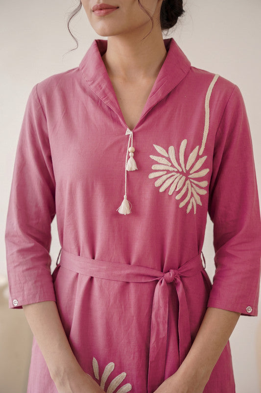 Rose Pink Cotton Flex Floral Embroidered A-Line Dress