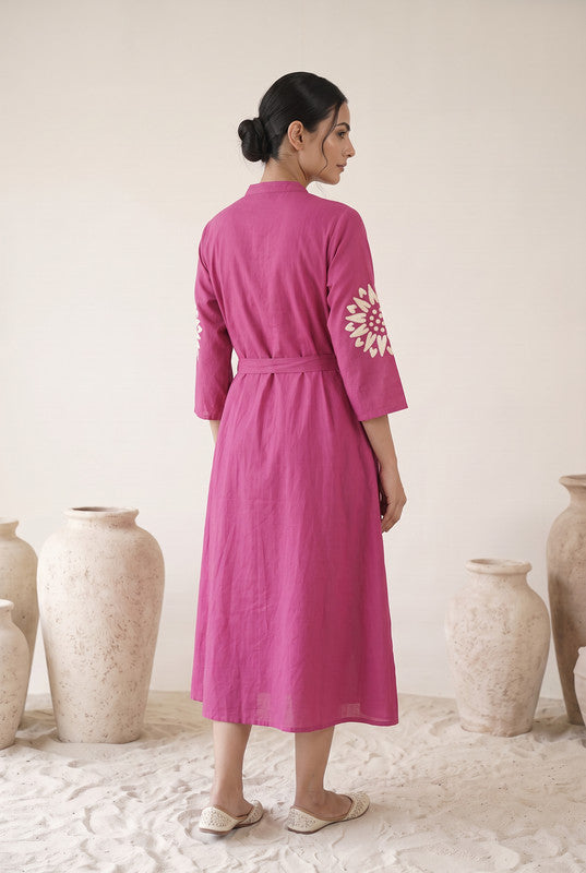 Berry Pink Cotton  Floral Embroidered Fit & Flare Dress