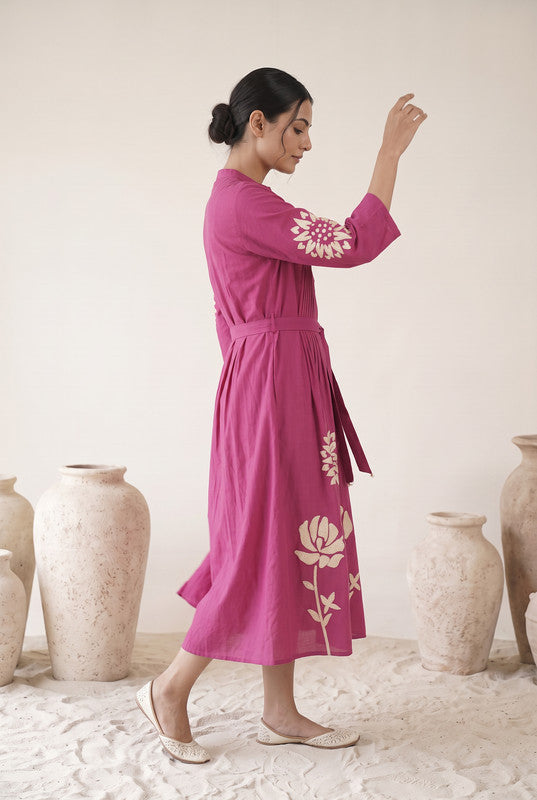 Berry Pink Cotton  Floral Embroidered Fit & Flare Dress