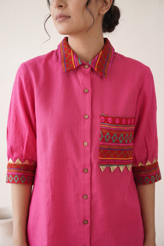 Solid Pink Cotton Flex Shirt Style Co-Ord Set