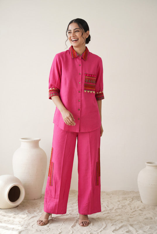 Solid Pink Cotton Flex Shirt Style Co-Ord Set