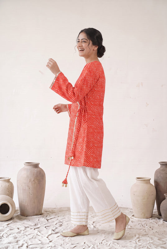 Red  Printed Cotton Flex Wrap Style Top  Set