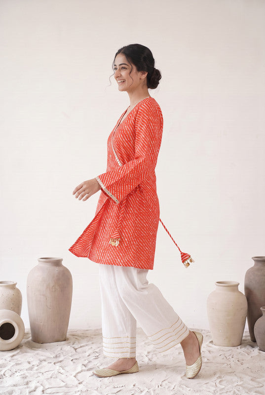Red  Printed Cotton Flex Wrap Style Top  Set