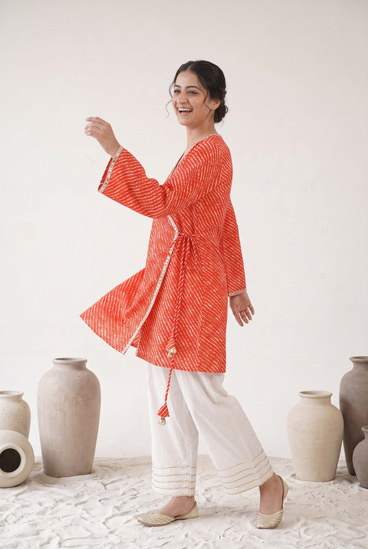 Red  Printed Cotton Flex Wrap Style Top  Set
