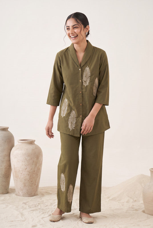 Olive Green Cotton Flex Leaf Embroidered Co-Ord Set