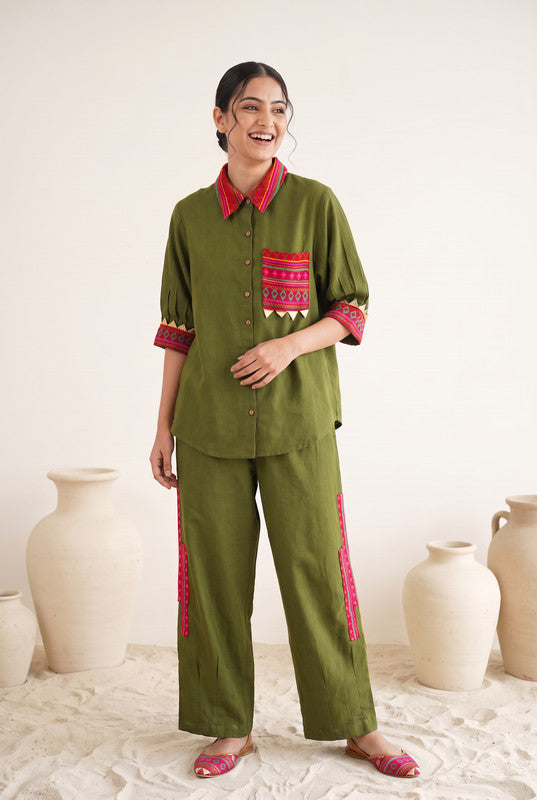 Solid Olive Green Cotton Flex Shirt Style Co-Ord Set