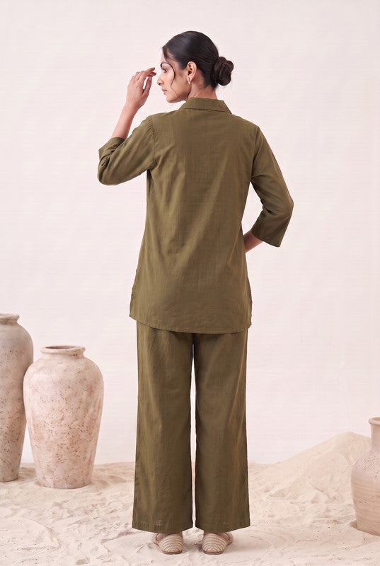 Olive Green Cotton Flex Leaf Embroidered Co-Ord Set
