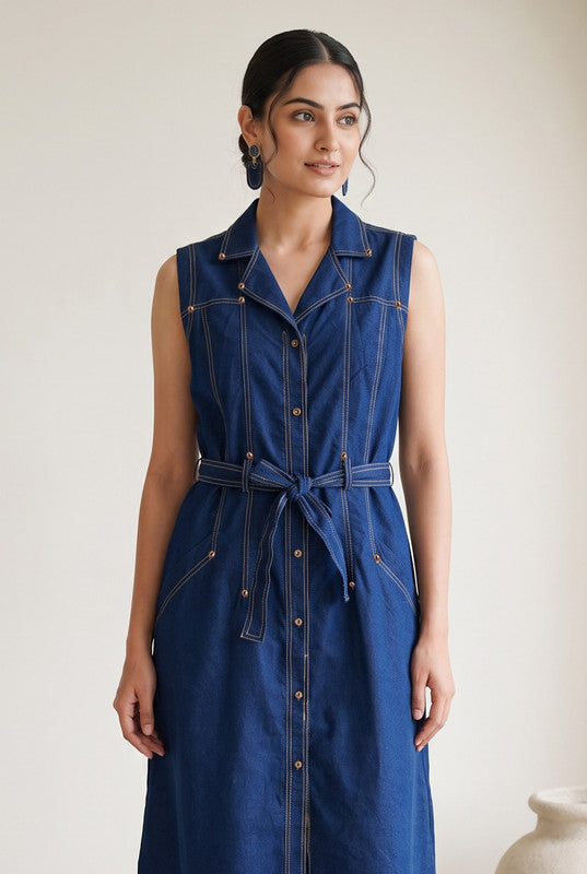 Indigo Blue Denim Cotton Flex  Dress