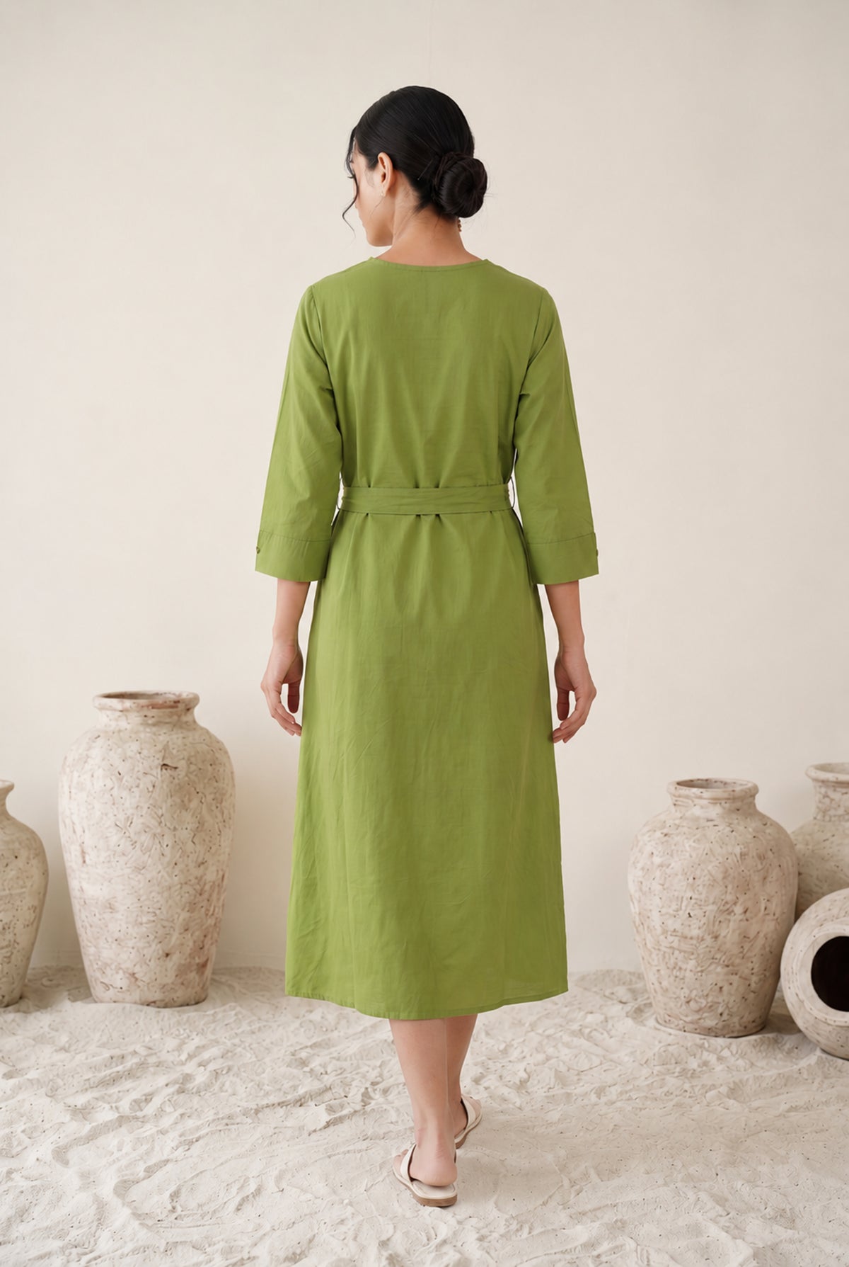 Olive Green Cotton Flex Floral Embroidered Dress