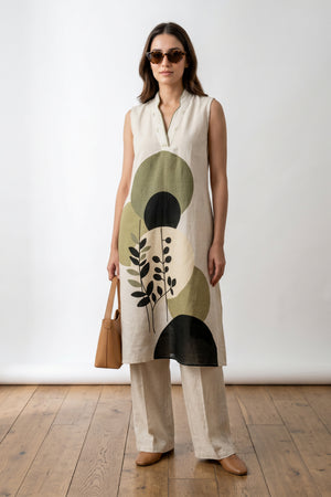 Off White Abstract Botanical Printed Top & Palazzo Cotton Flex Co-ord Set