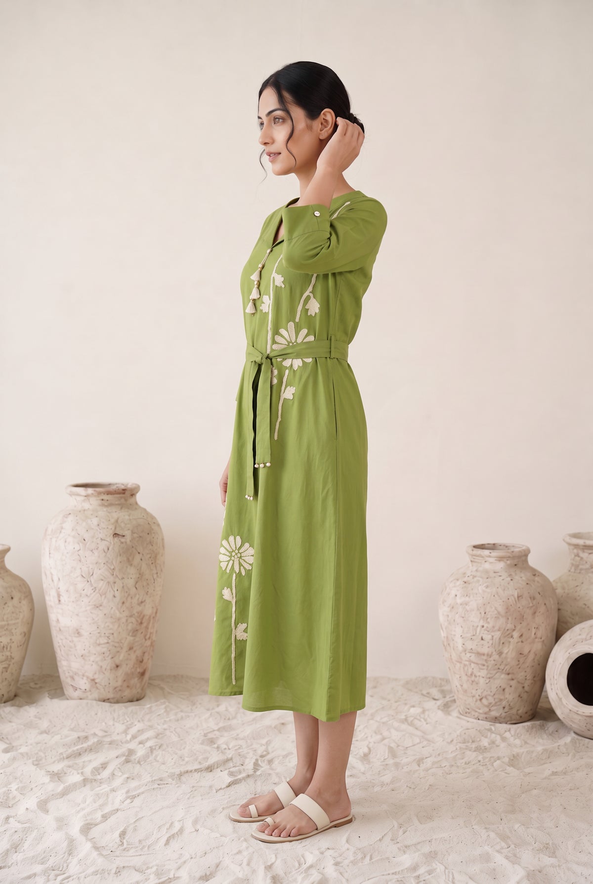 Olive Green Cotton Flex Floral Embroidered Dress