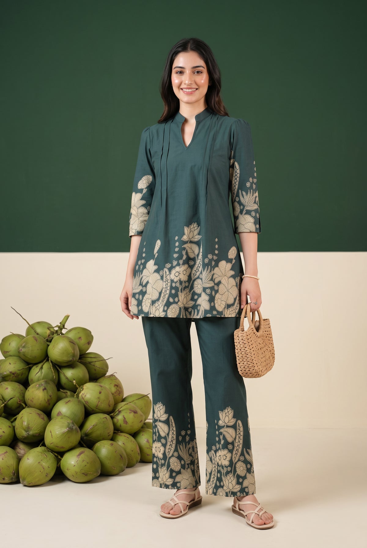 Teal Green Floral Statement Printed Cotton Co-ord Set