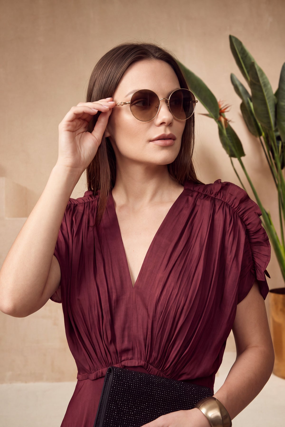 Maroon Solid Ruched Sleeve Russian Silk Midi Dress