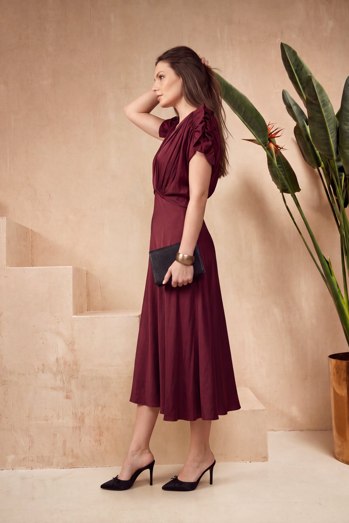 Maroon Solid Ruched Sleeve Russian Silk Midi Dress