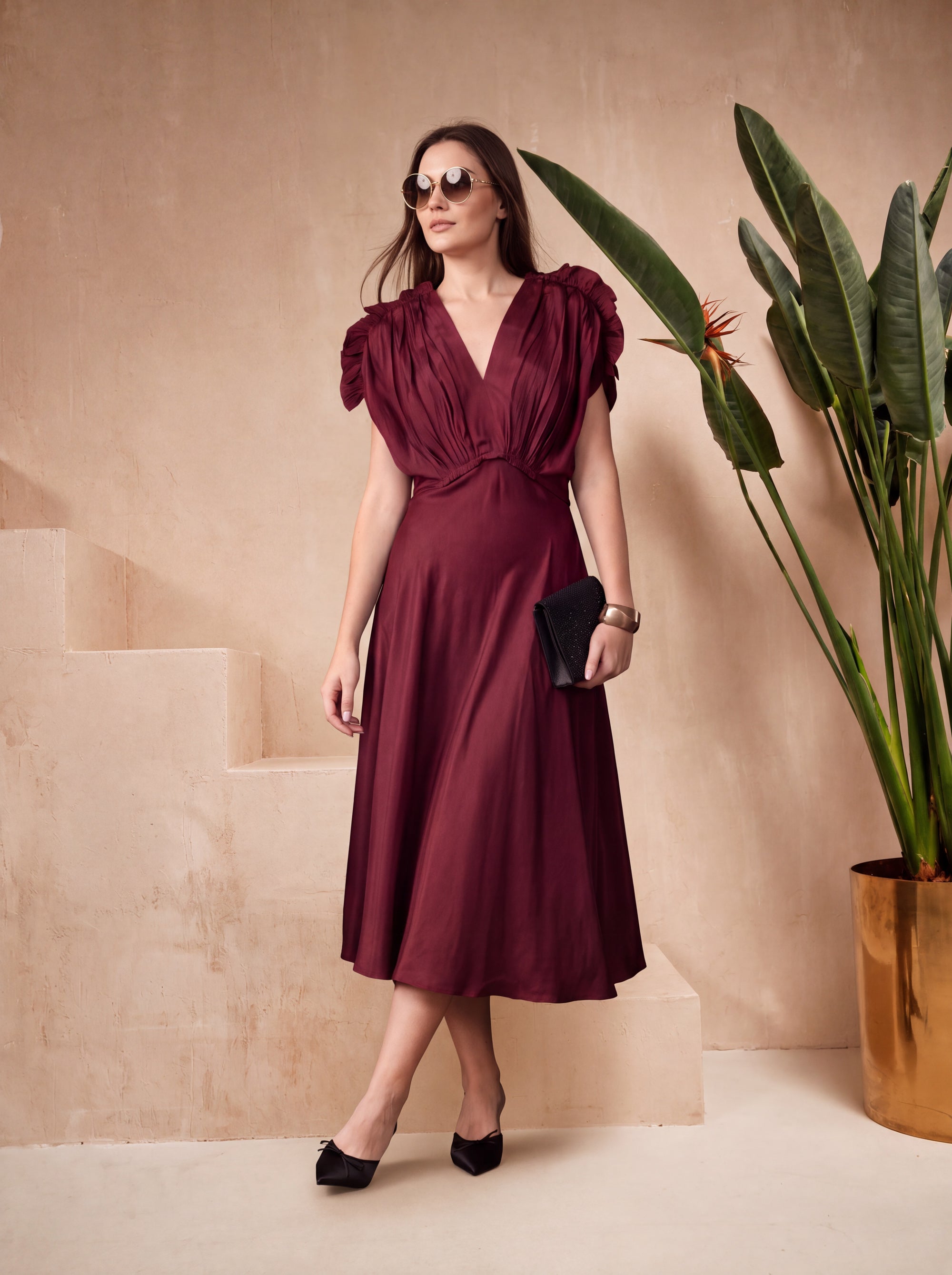 Maroon Solid Ruched Sleeve Russian Silk Midi Dress