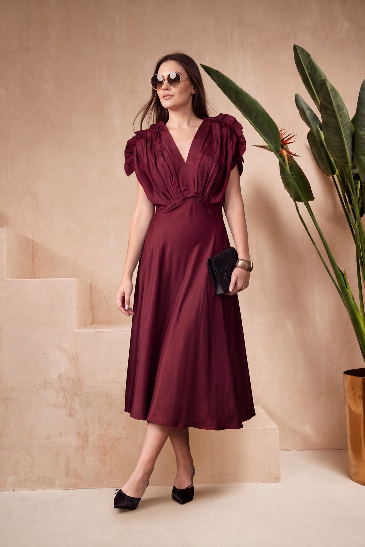 Maroon Solid Ruched Sleeve Russian Silk Midi Dress