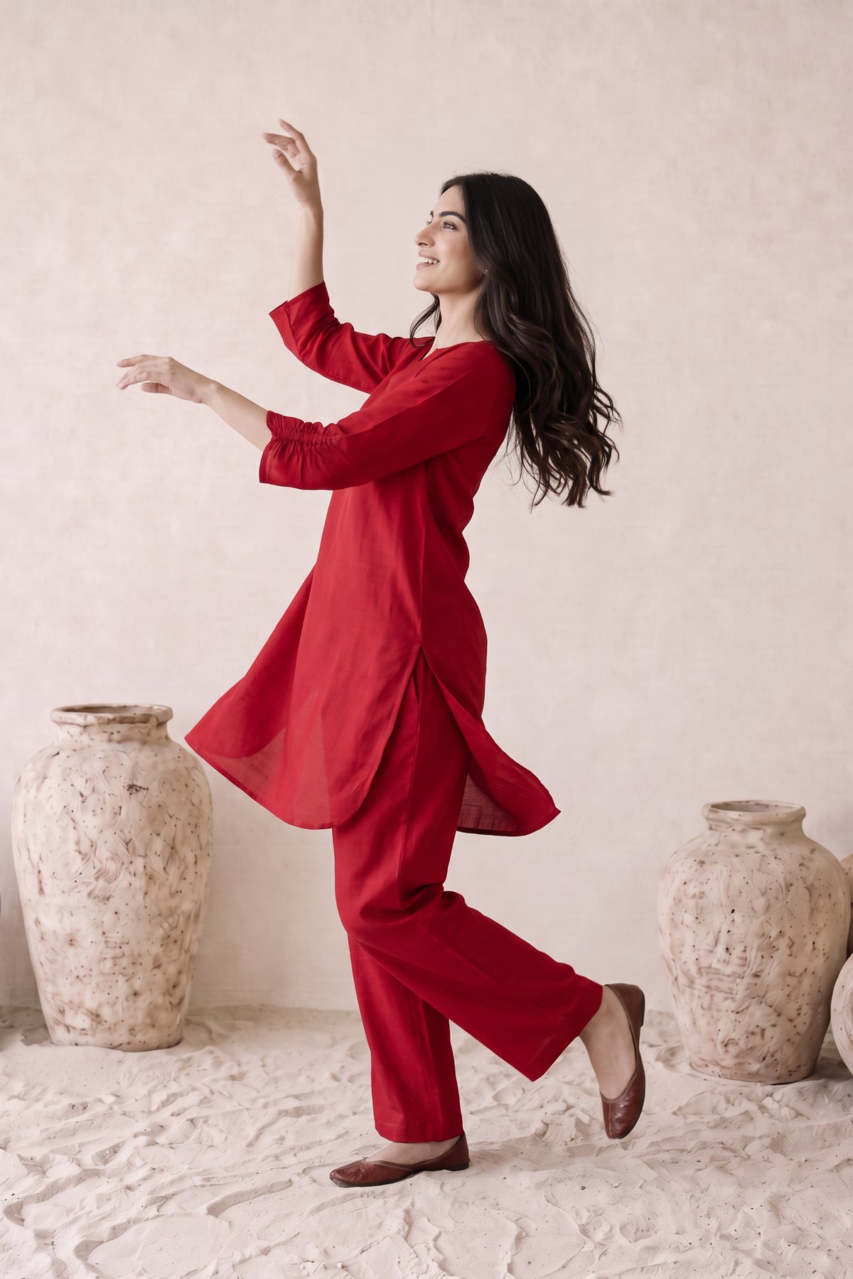 Red Urban Chic Solid Tunic & Pants Russian Silk Co-ord Set