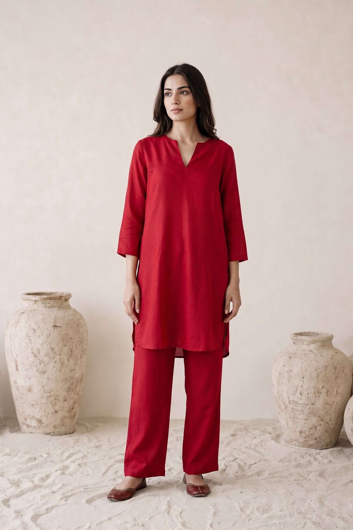 Red Urban Chic Solid Tunic & Pants Russian Silk Co-ord Set