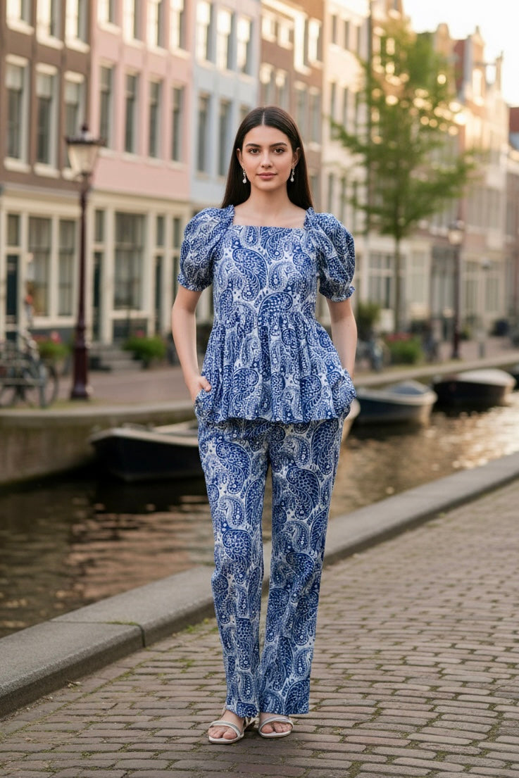 Midnight Blue Paisley Peplum Cotton Co-ord Set