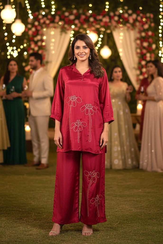 Magenta Hand Embroidered Natural Crepe Co-ord Set