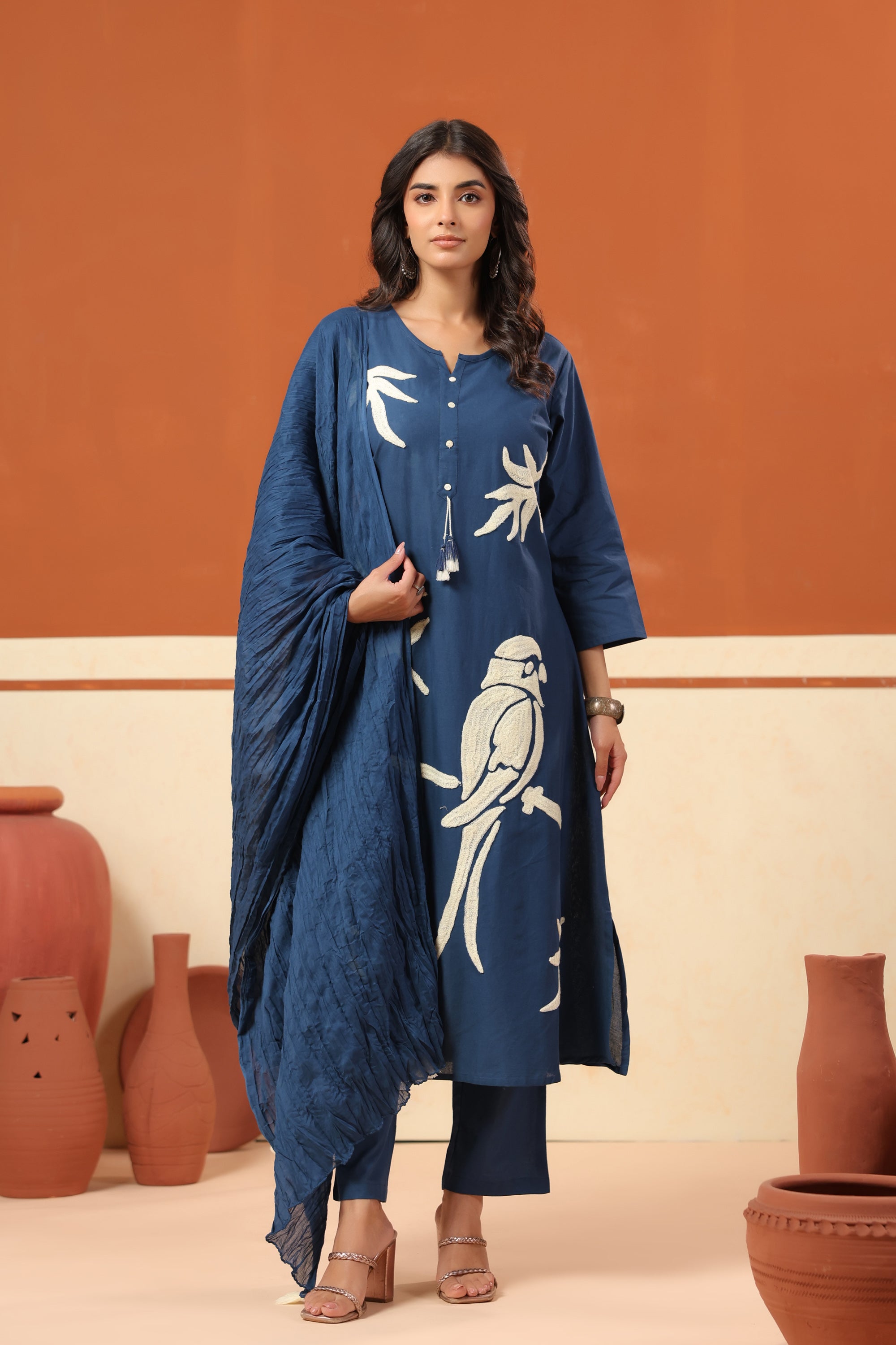 Navy Blue Bird Nature-Inspired Cotton Straight Kurta Set with Crushed Dupatta