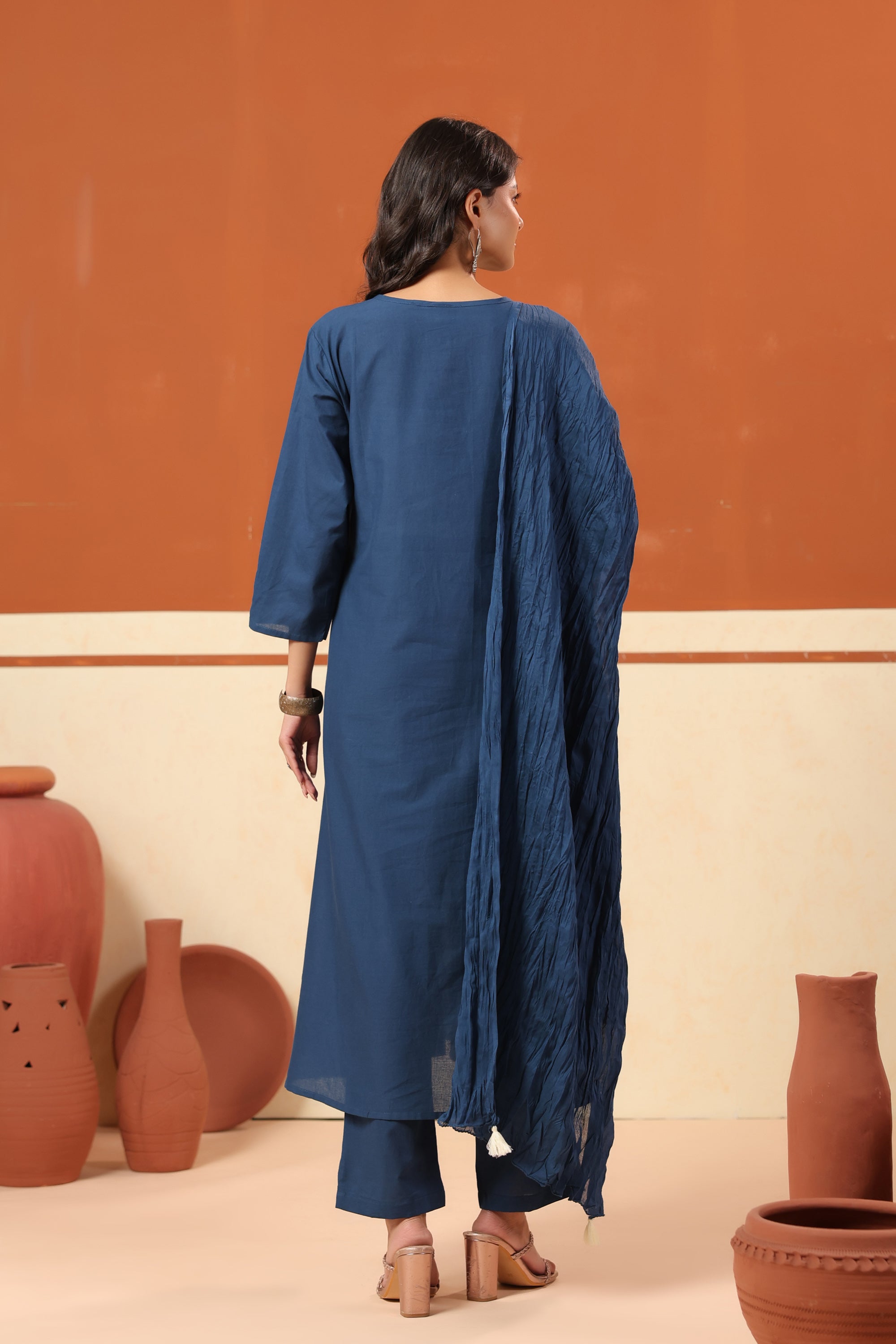 Blue Placement Floral Embroidery Cotton Kurta Set with Dupatta