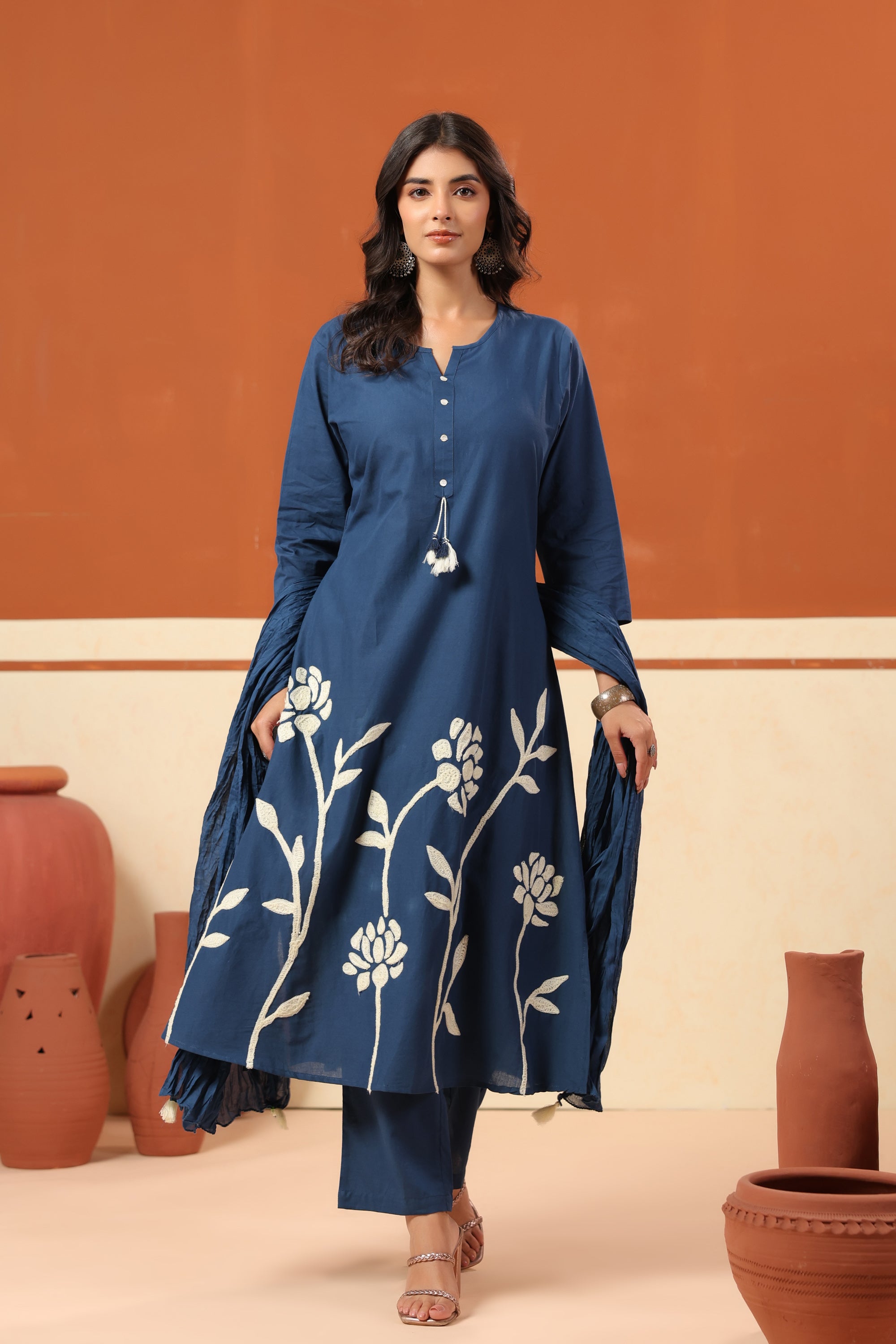 Blue Placement Floral Embroidery Cotton Kurta Set with Dupatta