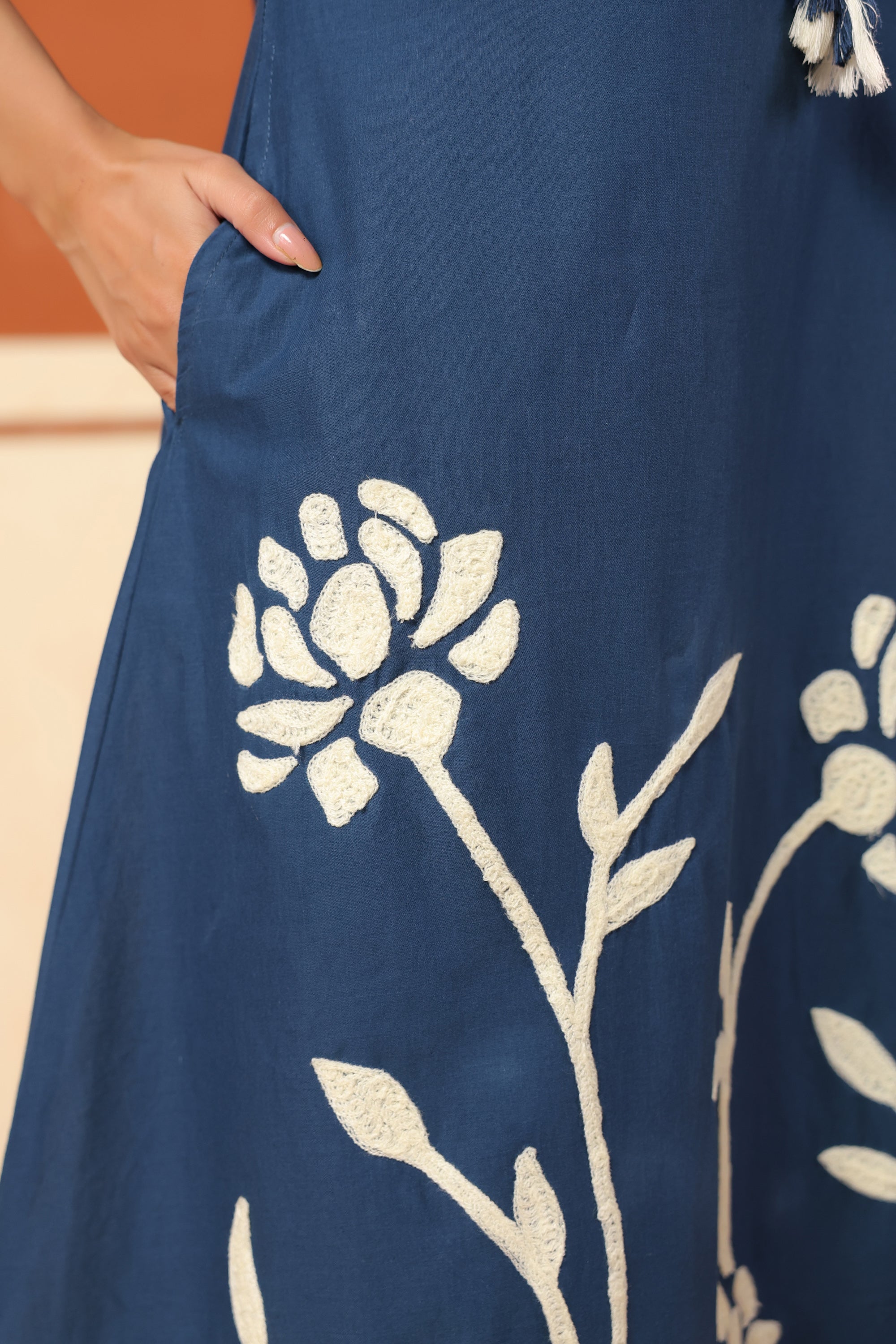 Blue Placement Floral Embroidery Cotton Kurta Set with Dupatta